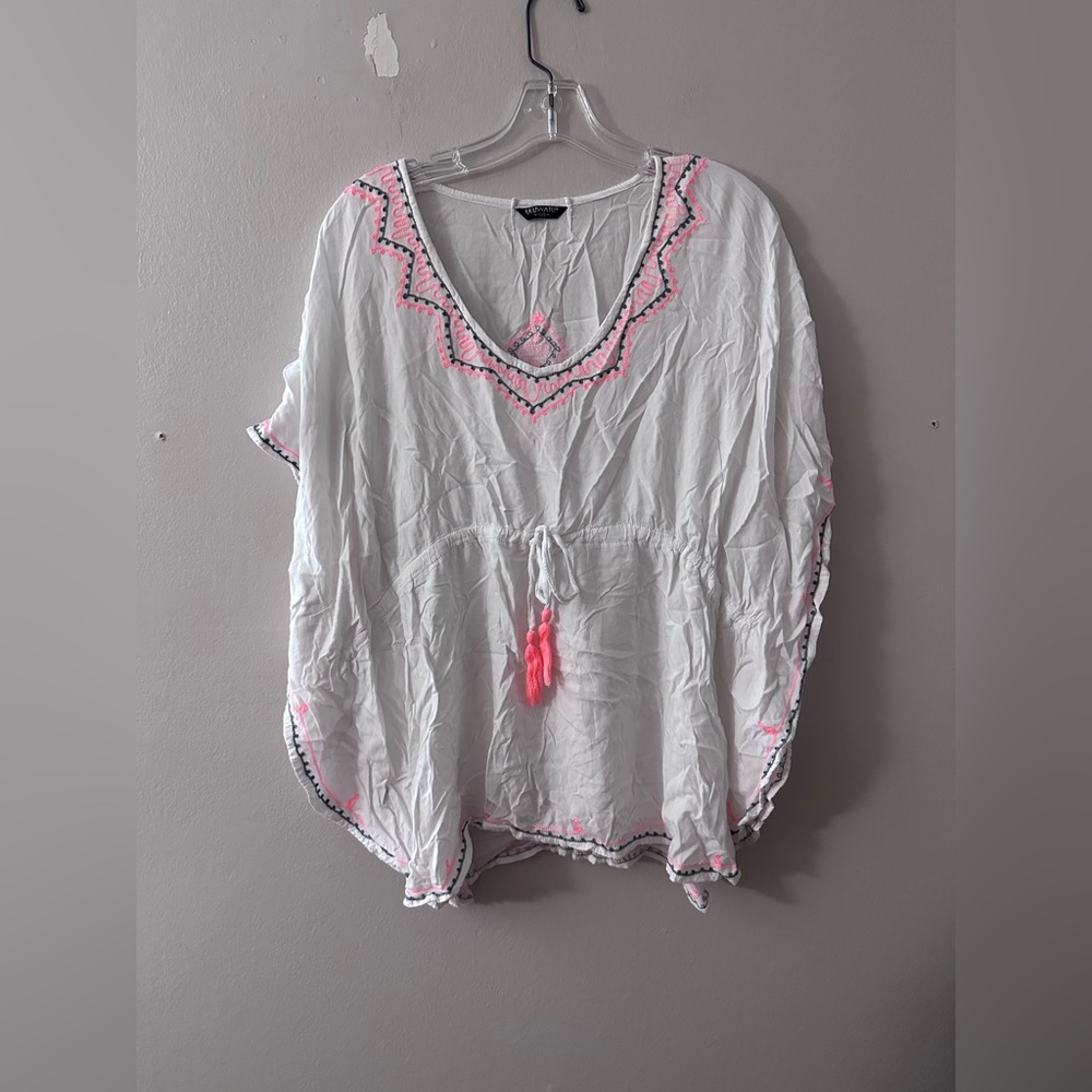 White, Neon Pink, & Gray Aztec Style Swimsuit Cover Up Top